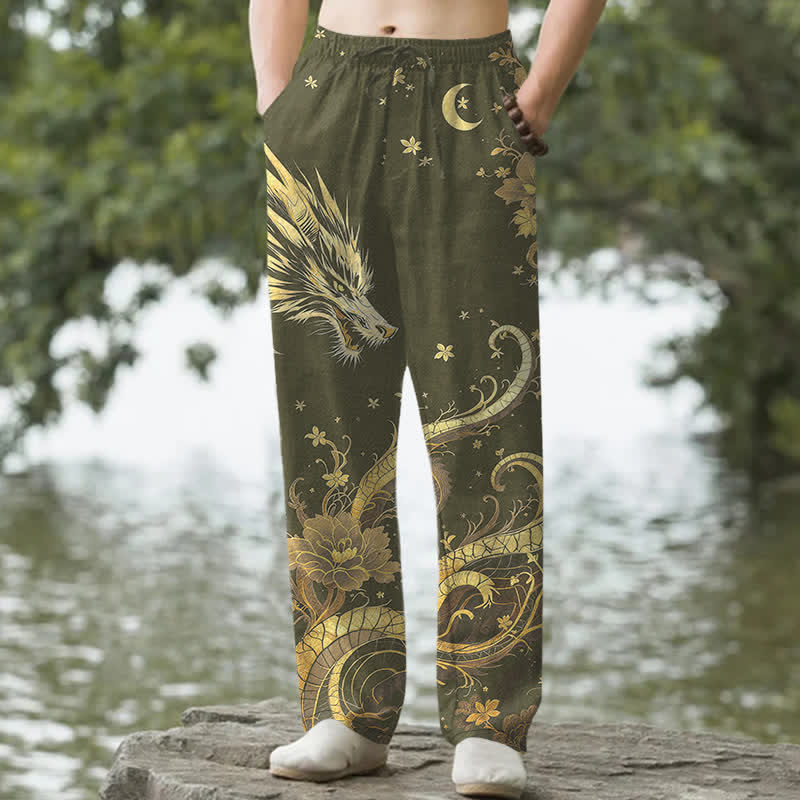 Buddha Stones Herren-Baumwollhose mit goldenem Drachen- und Wolkenmuster, schmal zulaufend und mit Taschen - Dunkelolivgrün - US/ UK/AU50, EU60 (5XL) - image 6
