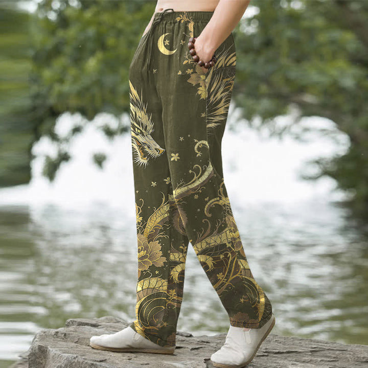 Buddha Stones Herren-Baumwollhose mit goldenem Drachen- und Wolkenmuster, schmal zulaufend und mit Taschen - image 7
