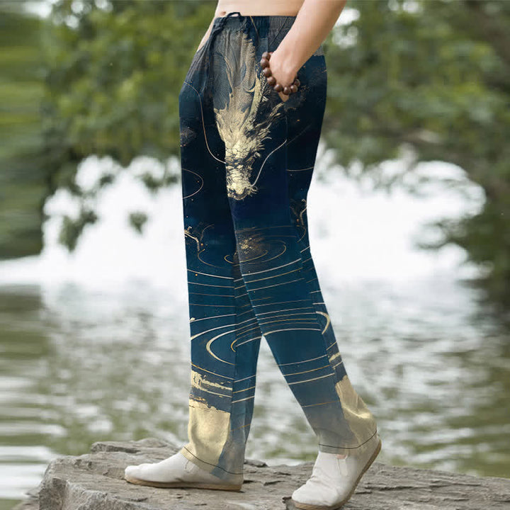 Buddha Stones Herren-Baumwollhose mit goldenem Drachenwellenmuster, schmal zulaufendem Schnitt und Taschen - image 1