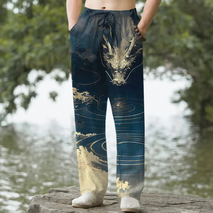Buddha Stones Herren-Baumwollhose mit goldenem Drachenwellenmuster, schmal zulaufendem Schnitt und Taschen - Marine - US/ UK/AU50, EU60 (5XL) - image 0