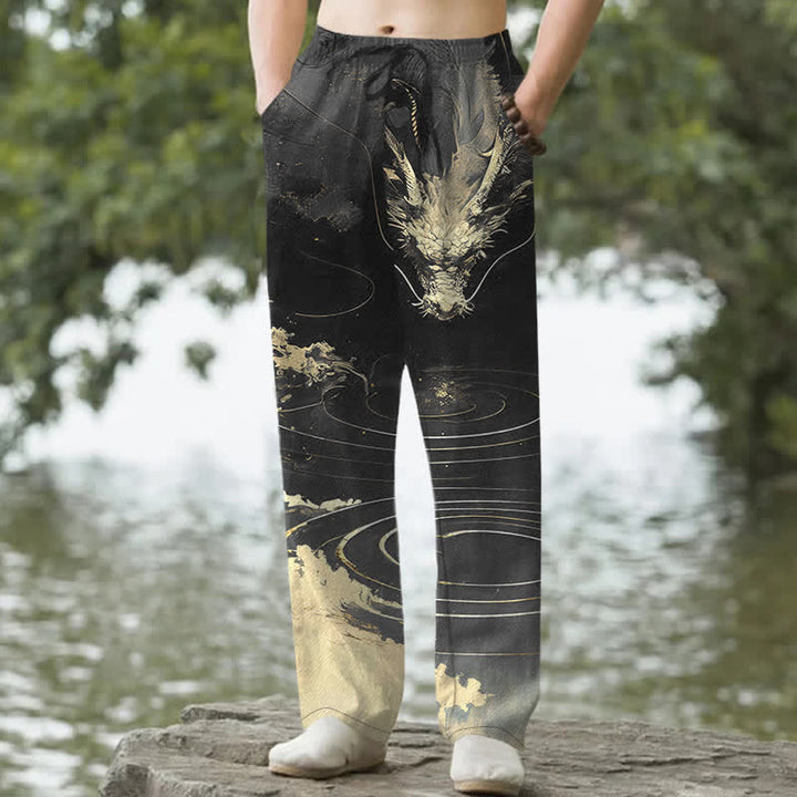 Buddha Stones Herren-Baumwollhose mit goldenem Drachenwellenmuster, schmal zulaufendem Schnitt und Taschen - Schwarz - US/ UK/AU50, EU60 (5XL) - image 4