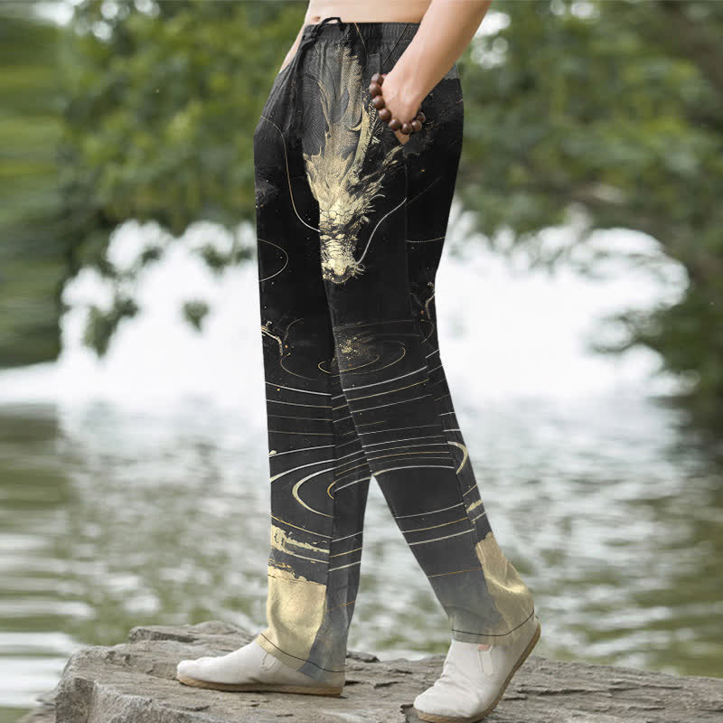 Buddha Stones Herren-Baumwollhose mit goldenem Drachenwellenmuster, schmal zulaufendem Schnitt und Taschen - image 5