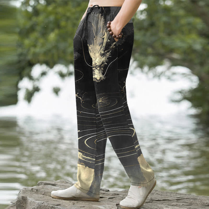 Buddha Stones Herren-Baumwollhose mit goldenem Drachenwellenmuster, schmal zulaufendem Schnitt und Taschen - image 5