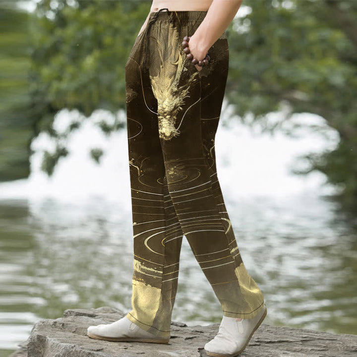 Buddha Stones Herren-Baumwollhose mit goldenem Drachenwellenmuster, schmal zulaufendem Schnitt und Taschen - image 7