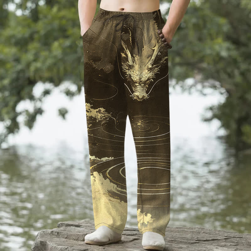 Buddha Stones Herren-Baumwollhose mit goldenem Drachenwellenmuster, schmal zulaufendem Schnitt und Taschen - Olive - US/ UK/AU50, EU60 (5XL) - image 6