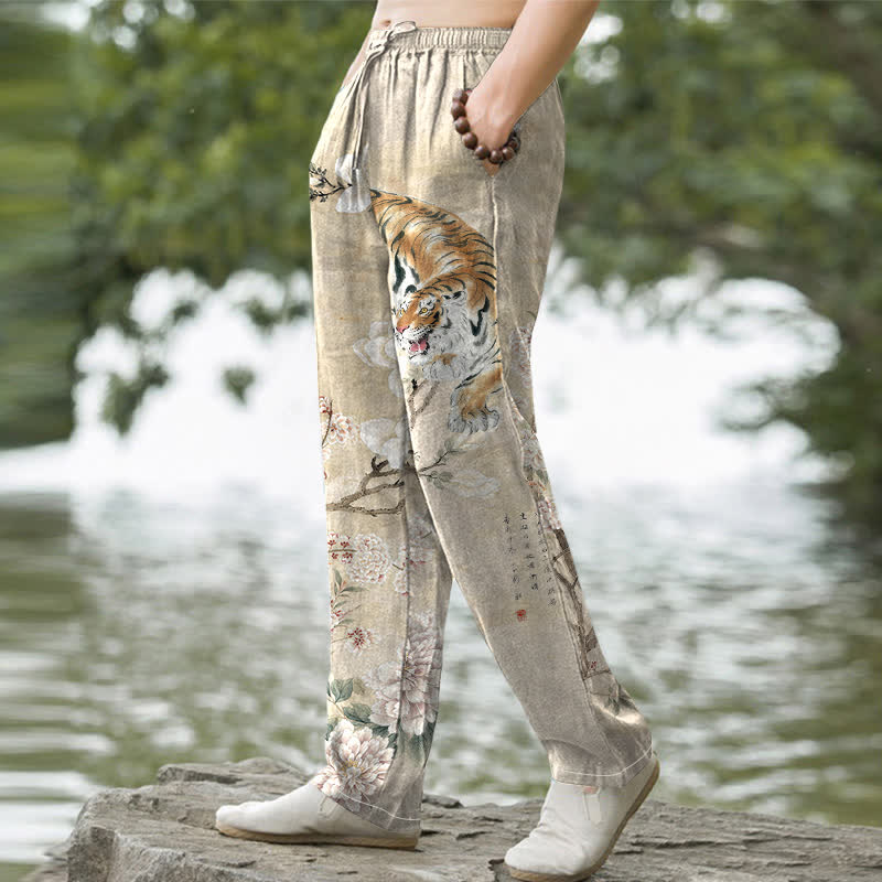 Buddha Stones Baumwollhose für Herren mit Vintage-Tiger- und Blumenmuster, schmal zulaufend und mit Taschen - image 1