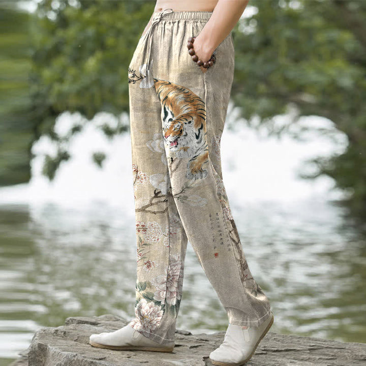 Buddha Stones Baumwollhose für Herren mit Vintage-Tiger- und Blumenmuster, schmal zulaufend und mit Taschen - image 1