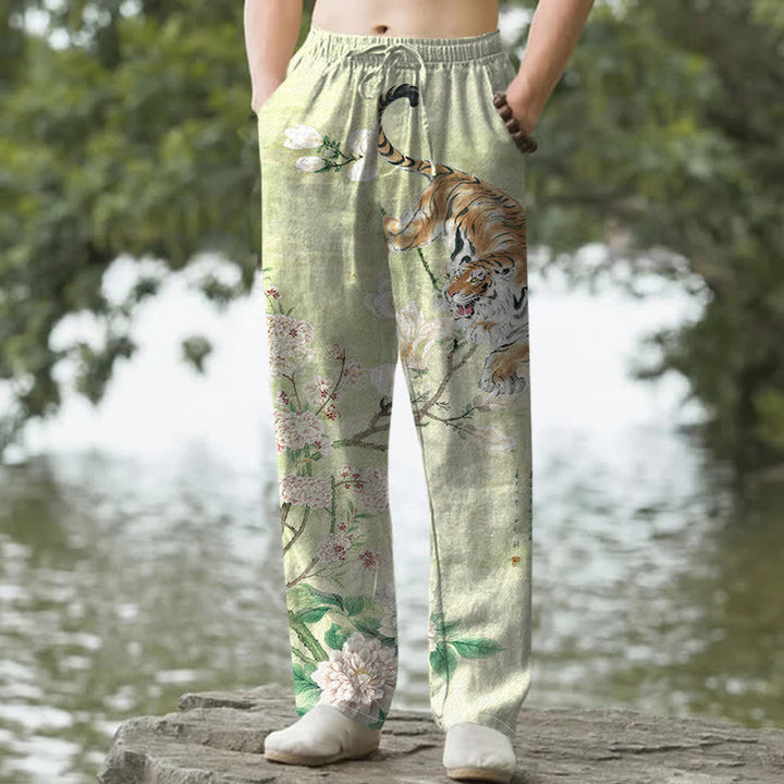 Buddha Stones Baumwollhose für Herren mit Vintage-Tiger- und Blumenmuster, schmal zulaufend und mit Taschen - Hellgrün - US/ UK/AU50, EU60 (5XL) - image 4