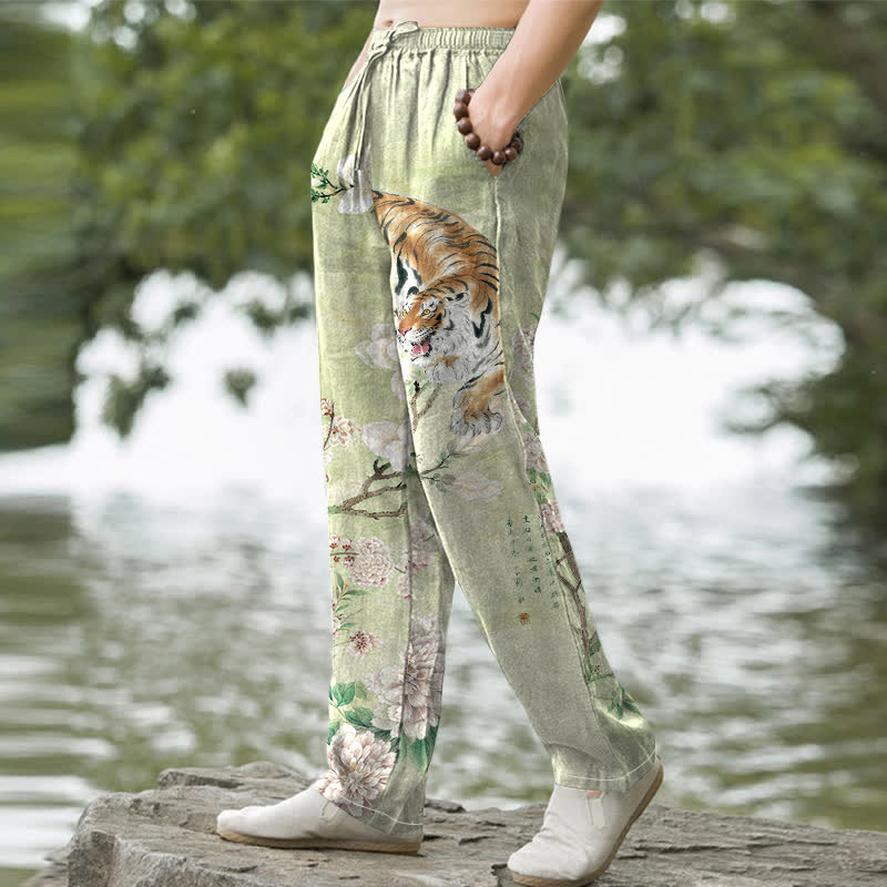 Buddha Stones Baumwollhose für Herren mit Vintage-Tiger- und Blumenmuster, schmal zulaufend und mit Taschen - image 5