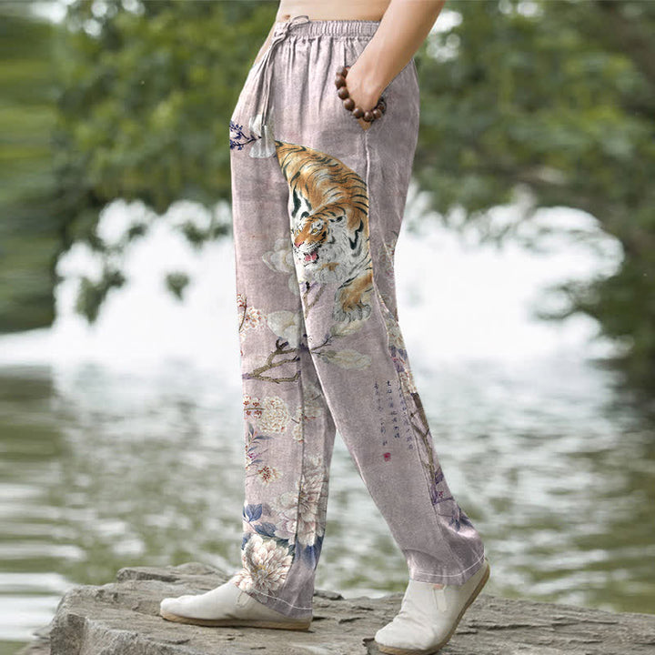 Buddha Stones Baumwollhose für Herren mit Vintage-Tiger- und Blumenmuster, schmal zulaufend und mit Taschen - image 7