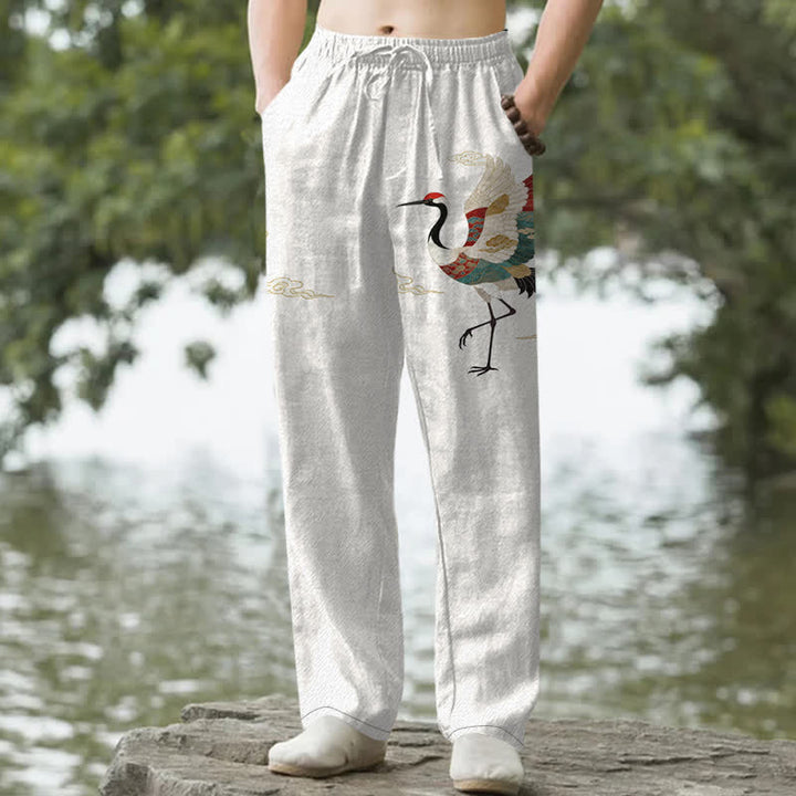 Buddha Stones Weiße, schmal zulaufende Herrenhose aus Baumwolle mit Kranich-Wellenmuster und Taschen - Weiß - US/ UK/AU50, EU60 (5XL) - image 0