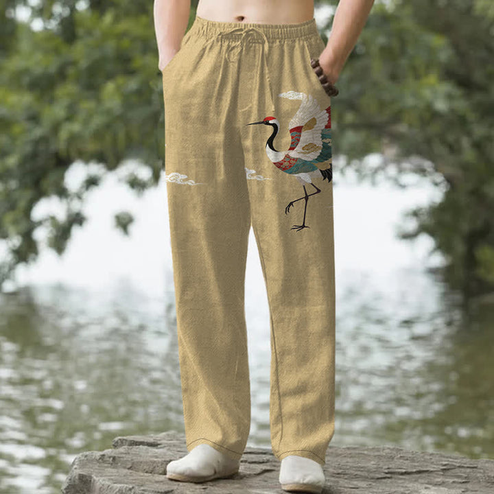 Buddha Stones Weiße, schmal zulaufende Herrenhose aus Baumwolle mit Kranich-Wellenmuster und Taschen - Bräunen - US/ UK/AU50, EU60 (5XL) - image 4