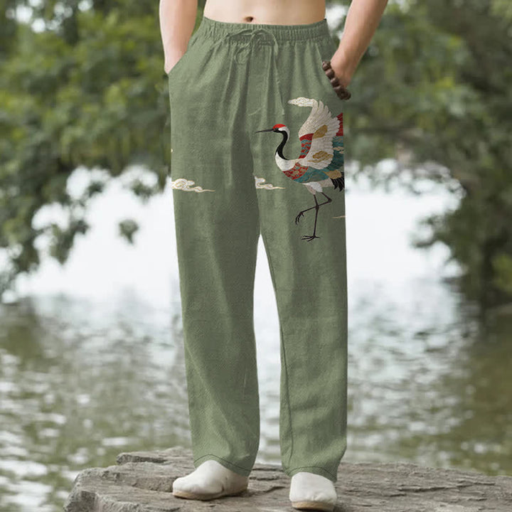 Buddha Stones Weiße, schmal zulaufende Herrenhose aus Baumwolle mit Kranich-Wellenmuster und Taschen - Olivgrün - US/ UK/AU50, EU60 (5XL) - image 6