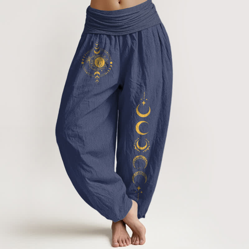 Buddha Stones Damen-Haremshose aus reiner Baumwolle mit goldenem Mondphasenmuster und elastischem Bund - Dunkelschieferblau - US16, UK/AU20, EU48 (3XL) - image 8