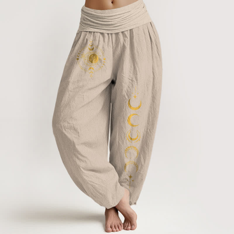 Buddha Stones Damen-Haremshose aus reiner Baumwolle mit goldenem Mondphasenmuster und elastischem Bund - Bräunen - US16, UK/AU20, EU48 (3XL) - image 14