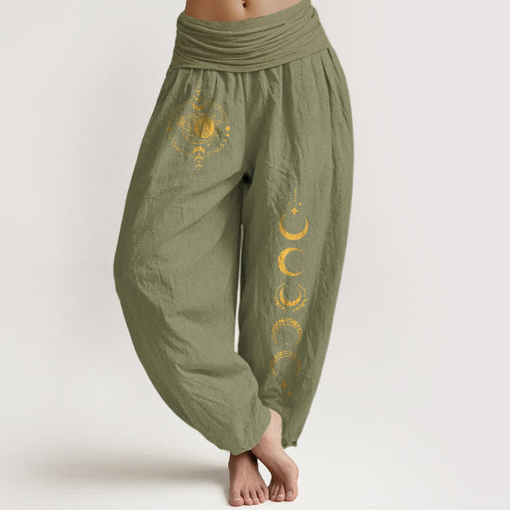 Buddha Stones Damen-Haremshose aus reiner Baumwolle mit goldenem Mondphasenmuster und elastischem Bund - Olivgrün - US16, UK/AU20, EU48 (3XL) - image 11
