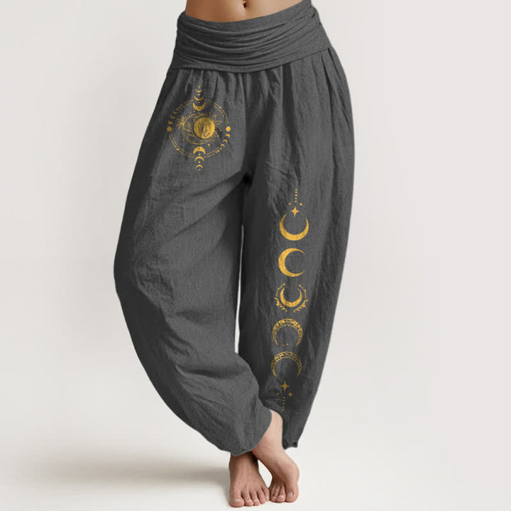 Buddha Stones Damen-Haremshose aus reiner Baumwolle mit goldenem Mondphasenmuster und elastischem Bund - DimGray - US16, UK/AU20, EU48 (3XL) - image 5