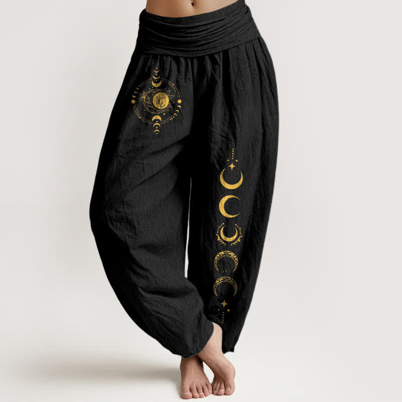Buddha Stones Damen-Haremshose aus reiner Baumwolle mit goldenem Mondphasenmuster und elastischem Bund - Schwarz - US16, UK/AU20, EU48 (3XL) - image 0