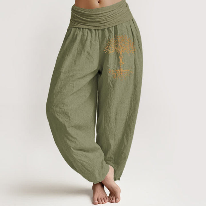 Buddha Stones Haremshose aus reiner Baumwolle mit goldenem Lebensbaum-Muster und elastischem Bund für Damen. - Olivgrün - US16, UK/AU20, EU48 (3XL) - image 11