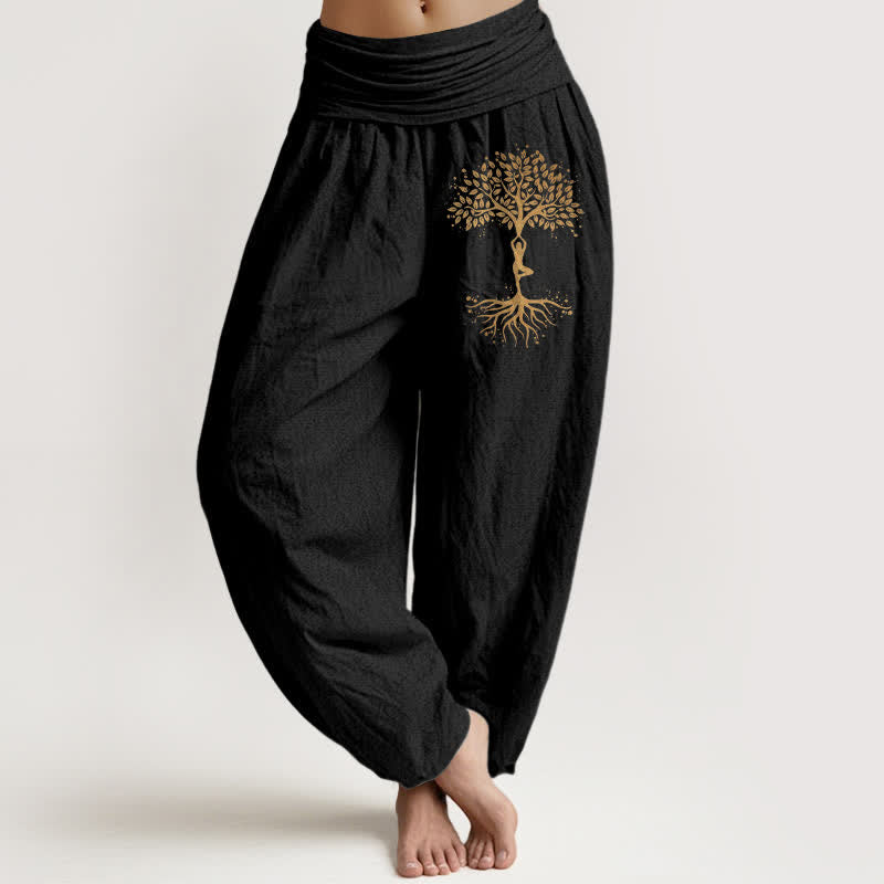 Buddha Stones Haremshose aus reiner Baumwolle mit goldenem Lebensbaum-Muster und elastischem Bund für Damen. - Schwarz - US16, UK/AU20, EU48 (3XL) - image 0