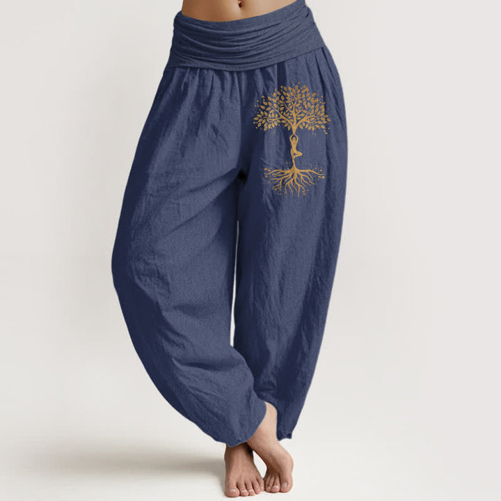 Buddha Stones Haremshose aus reiner Baumwolle mit goldenem Lebensbaum-Muster und elastischem Bund für Damen. - Dunkelschieferblau - US16, UK/AU20, EU48 (3XL) - image 5