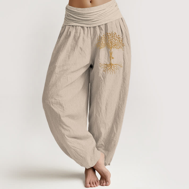 Buddha Stones Haremshose aus reiner Baumwolle mit goldenem Lebensbaum-Muster und elastischem Bund für Damen. - Bräunen - US16, UK/AU20, EU48 (3XL) - image 14