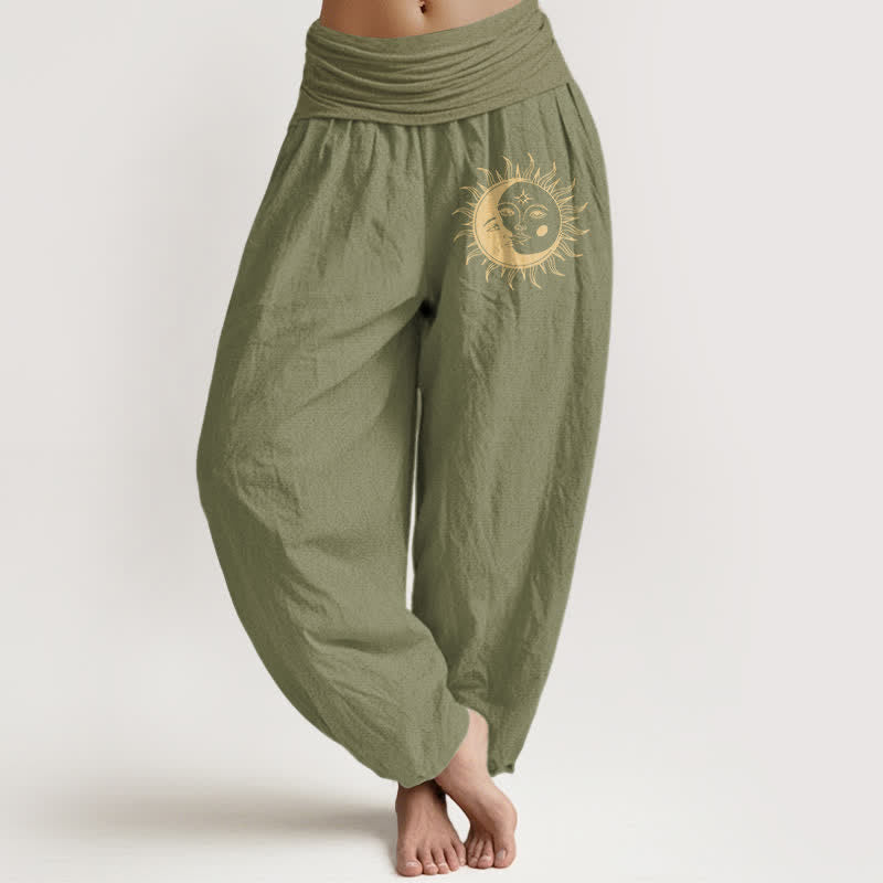 Buddha Stones Damen-Haremshose aus reiner Baumwolle mit goldenem Sonnen- und Mondmuster, elastischem Bund - Olivgrün - US16, UK/AU20, EU48 (3XL) - image 11