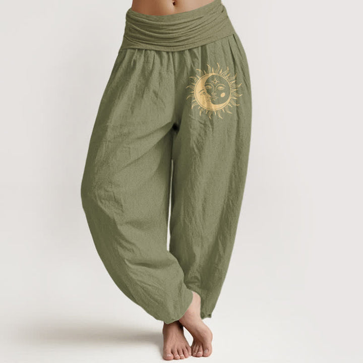 Buddha Stones Damen-Haremshose aus reiner Baumwolle mit goldenem Sonnen- und Mondmuster, elastischem Bund - Olivgrün - US16, UK/AU20, EU48 (3XL) - image 11