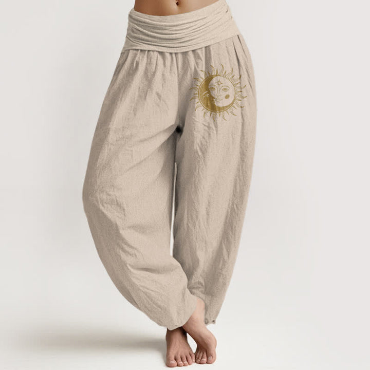 Buddha Stones Damen-Haremshose aus reiner Baumwolle mit goldenem Sonnen- und Mondmuster, elastischem Bund - Bräunen - US16, UK/AU20, EU48 (3XL) - image 14