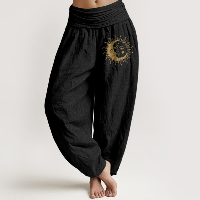Buddha Stones Damen-Haremshose aus reiner Baumwolle mit goldenem Sonnen- und Mondmuster, elastischem Bund - Schwarz - US16, UK/AU20, EU48 (3XL) - image 0