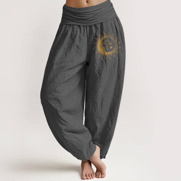 Buddha Stones Damen-Haremshose aus reiner Baumwolle mit goldenem Sonnen- und Mondmuster, elastischem Bund - DimGray - US16, UK/AU20, EU48 (3XL) - image 5