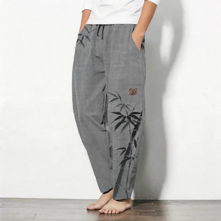 Buddha Stones Herrenhose aus reiner Baumwolle mit Bambusmuster, Kordelzug und Taschen - image 1