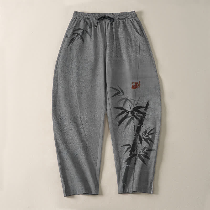 Buddha Stones Herrenhose aus reiner Baumwolle mit Bambusmuster, Kordelzug und Taschen - image 2
