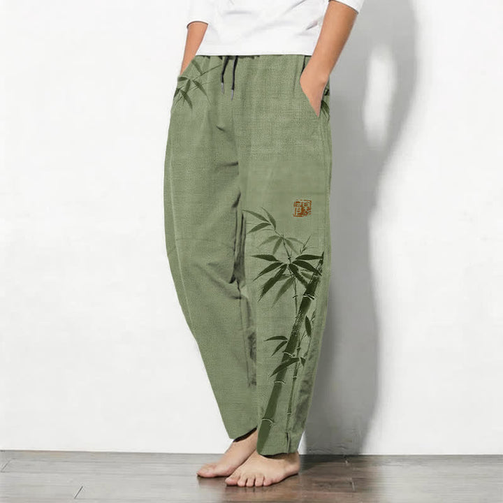 Buddha Stones Herrenhose aus reiner Baumwolle mit Bambusmuster, Kordelzug und Taschen - image 8
