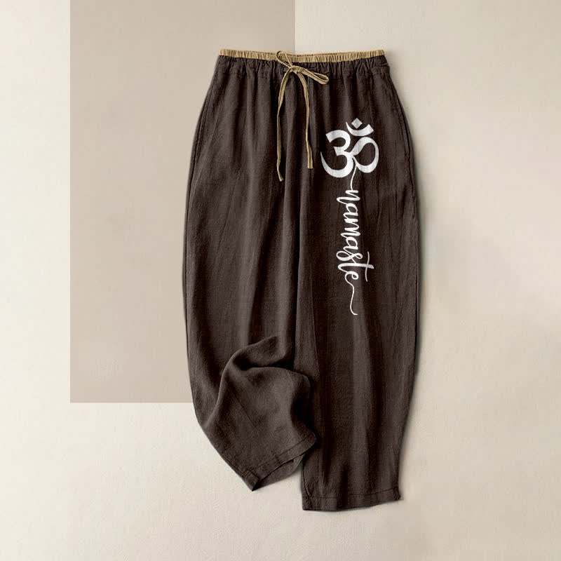 Buddha Stones Damenhose aus reiner Baumwolle mit Om-Symbolmuster, elastischem Bund und Taschen - Sattelbraun - US16, UK/AU20, EU48 (3XL) - image 0