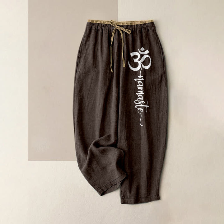Buddha Stones Damenhose aus reiner Baumwolle mit Om-Symbolmuster, elastischem Bund und Taschen - Sattelbraun - US16, UK/AU20, EU48 (3XL) - image 0