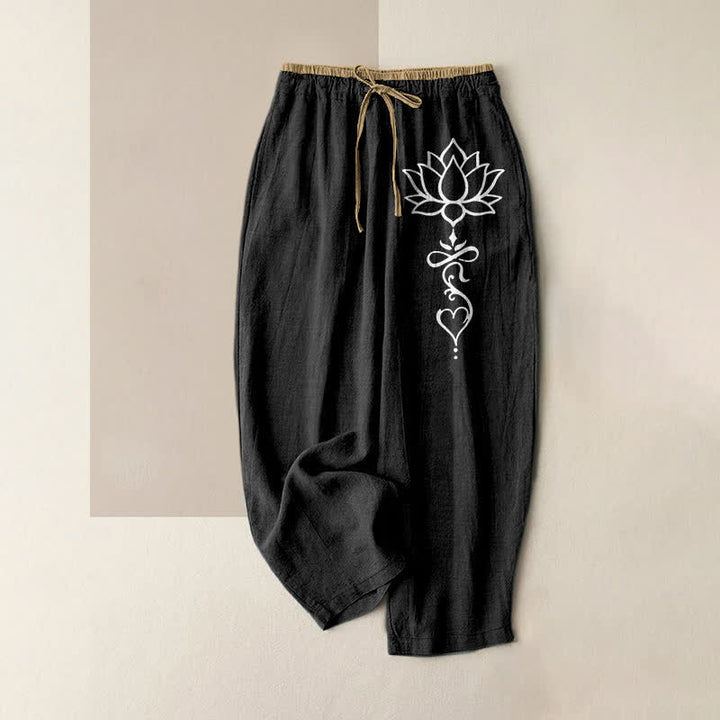 Buddha Stones Weiße Damenhose aus reiner Baumwolle mit Lotusmuster, elastischem Bund und Taschen - Schwarz - US16, UK/AU20, EU48 (3XL) - image 0