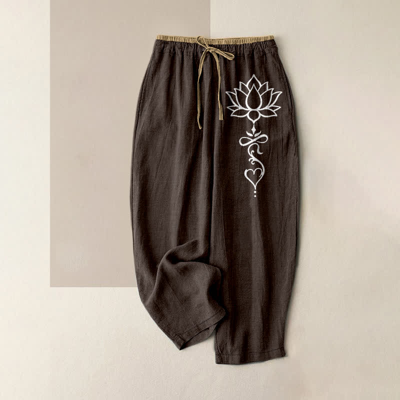Buddha Stones Weiße Damenhose aus reiner Baumwolle mit Lotusmuster, elastischem Bund und Taschen - Sattelbraun - US16, UK/AU20, EU48 (3XL) - image 4