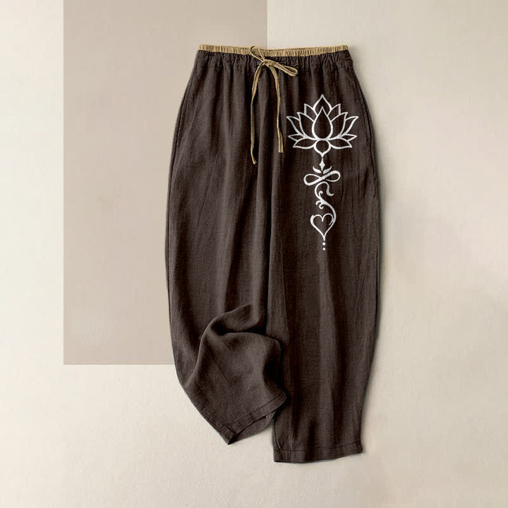 Buddha Stones Weiße Damenhose aus reiner Baumwolle mit Lotusmuster, elastischem Bund und Taschen - Sattelbraun - US16, UK/AU20, EU48 (3XL) - image 4