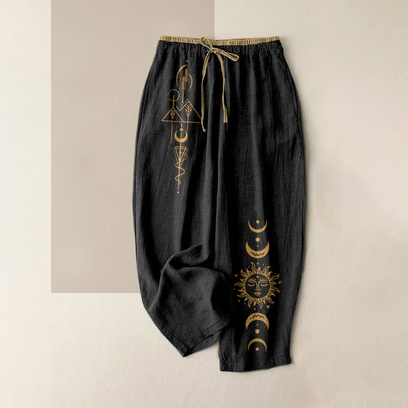 Buddha Stones Damenhose aus reiner Baumwolle mit himmlischem Sonne- und Mondmuster, elastischem Bund und Taschen - Schwarz - US16, UK/AU20, EU48 (3XL) - image 0