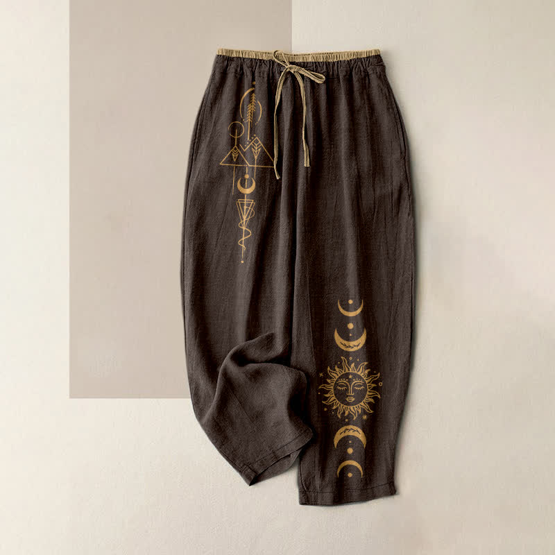 Buddha Stones Damenhose aus reiner Baumwolle mit himmlischem Sonne- und Mondmuster, elastischem Bund und Taschen - Sattelbraun - US16, UK/AU20, EU48 (3XL) - image 4