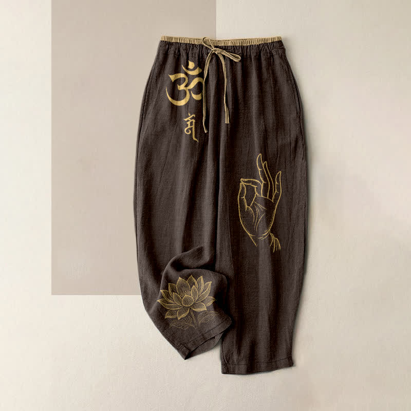 Buddha Stones Damenhose aus reiner Baumwolle mit heiligem Om-Lotusmuster, elastischem Bund und Taschen - Sattelbraun - US16, UK/AU20, EU48 (3XL) - image 4