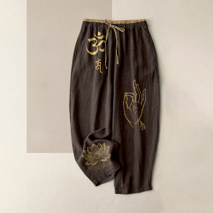Buddha Stones Damenhose aus reiner Baumwolle mit heiligem Om-Lotusmuster, elastischem Bund und Taschen - Sattelbraun - US16, UK/AU20, EU48 (3XL) - image 4