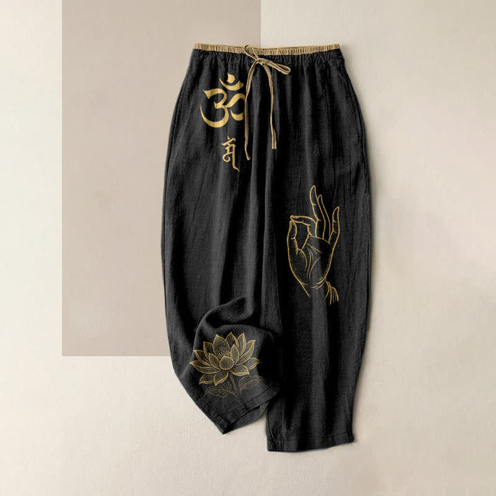 Buddha Stones Damenhose aus reiner Baumwolle mit heiligem Om-Lotusmuster, elastischem Bund und Taschen - Schwarz - US16, UK/AU20, EU48 (3XL) - image 0