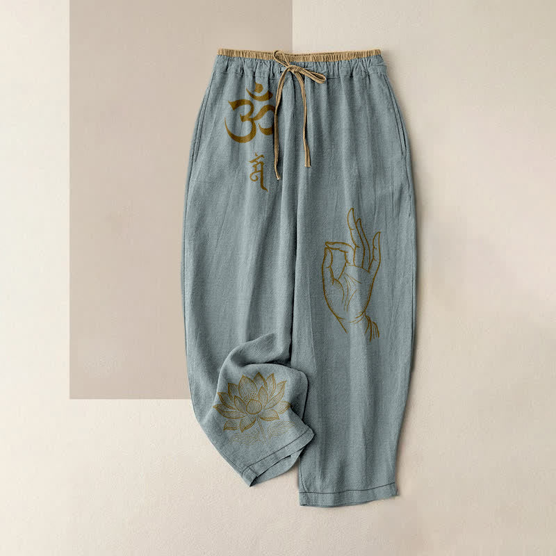 Buddha Stones Damenhose aus reiner Baumwolle mit heiligem Om-Lotusmuster, elastischem Bund und Taschen - Hellblau - US16, UK/AU20, EU48 (3XL) - image 8