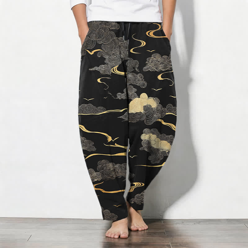 Buddha Stones Herrenhose aus reiner Baumwolle mit goldenem Wolken-Wellenmuster, Kordelzug, schmal zulaufendem Schnitt und Taschen - Schwarz - US/ UK/AU50, EU60 (5XL) - image 0