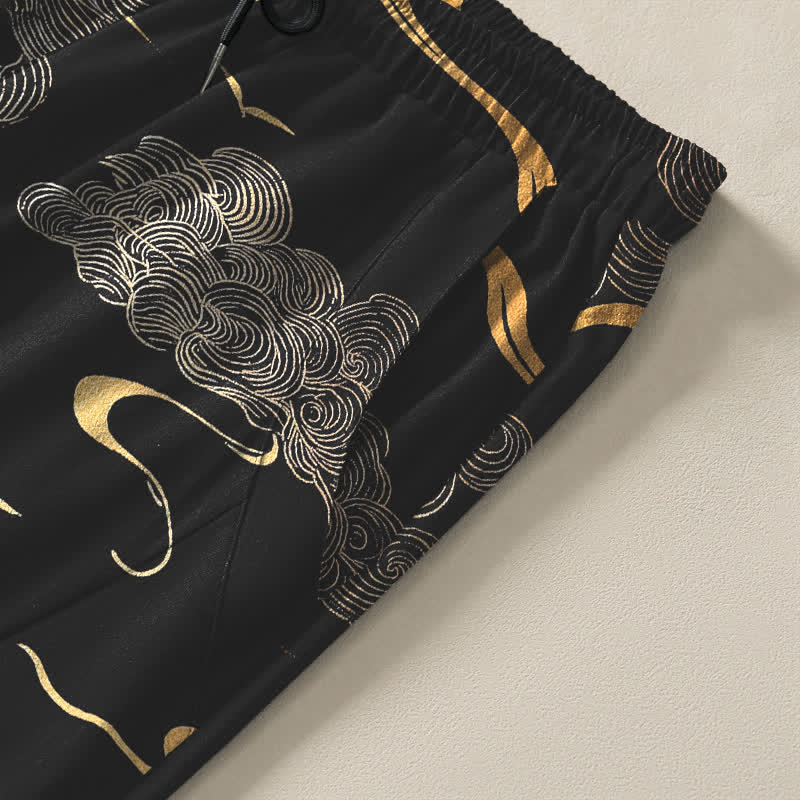Buddha Stones Herrenhose aus reiner Baumwolle mit goldenem Wolken-Wellenmuster, Kordelzug, schmal zulaufendem Schnitt und Taschen - image 4