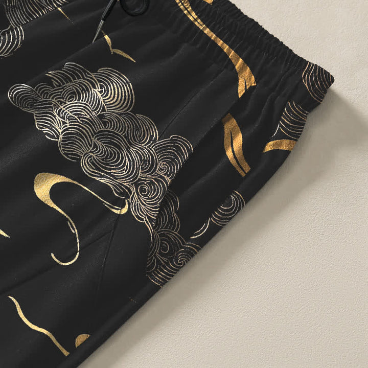 Buddha Stones Herrenhose aus reiner Baumwolle mit goldenem Wolken-Wellenmuster, Kordelzug, schmal zulaufendem Schnitt und Taschen - image 4