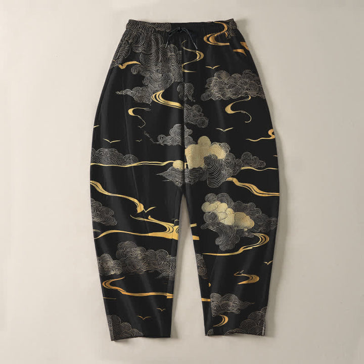 Buddha Stones Herrenhose aus reiner Baumwolle mit goldenem Wolken-Wellenmuster, Kordelzug, schmal zulaufendem Schnitt und Taschen - image 2