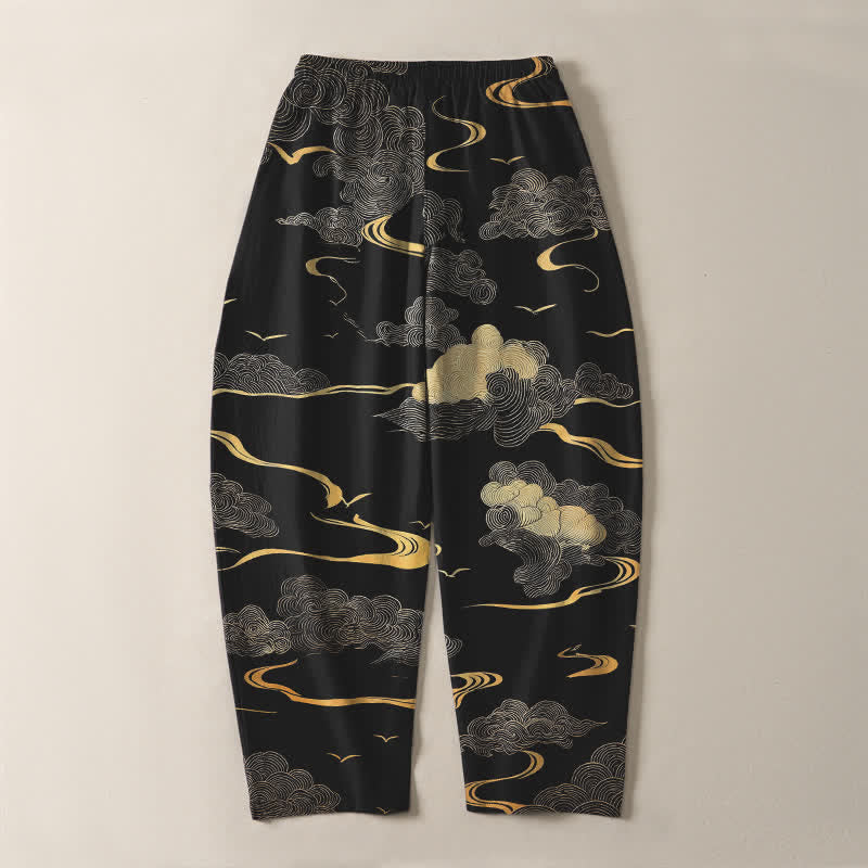 Buddha Stones Herrenhose aus reiner Baumwolle mit goldenem Wolken-Wellenmuster, Kordelzug, schmal zulaufendem Schnitt und Taschen - image 3